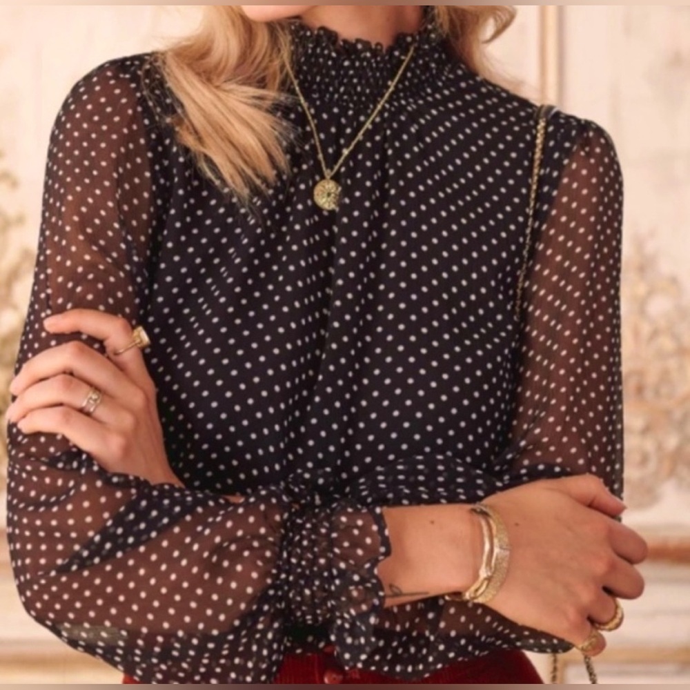 Sezane Black and White Silk Dot Long-Sleeve Blouse - size 4